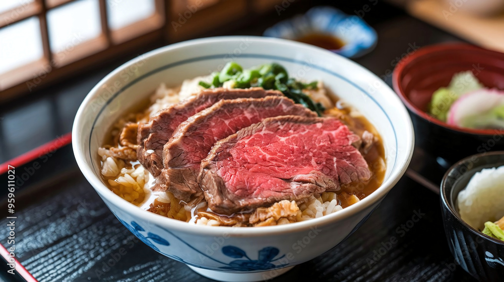 A delectable bowl of Gyudon, featuring tender Japanese beef over rice, served in a cozy restaurant setting, capturing the essence of authentic Japanese cuisine. A delectable bowl of Gyudon, featuring tender Japanese beef over rice, served in a cozy restaurant setting, capturing the essence of authentic Japanese cuisine.