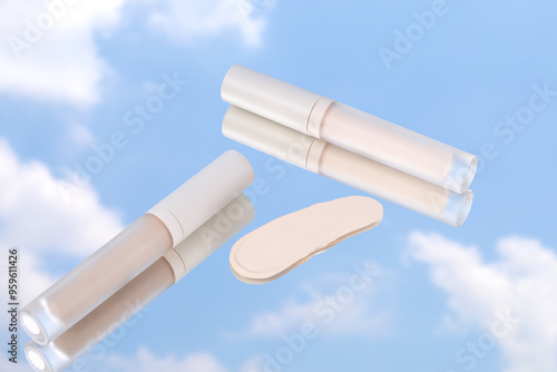 Make-up foundation product pack shot photography with sky background reflection on mirrors