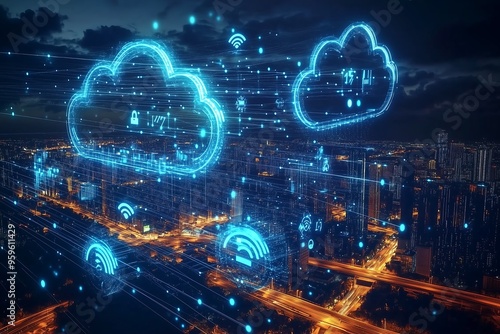 Digital cloud computing and data networks visualized over a cityscape photo