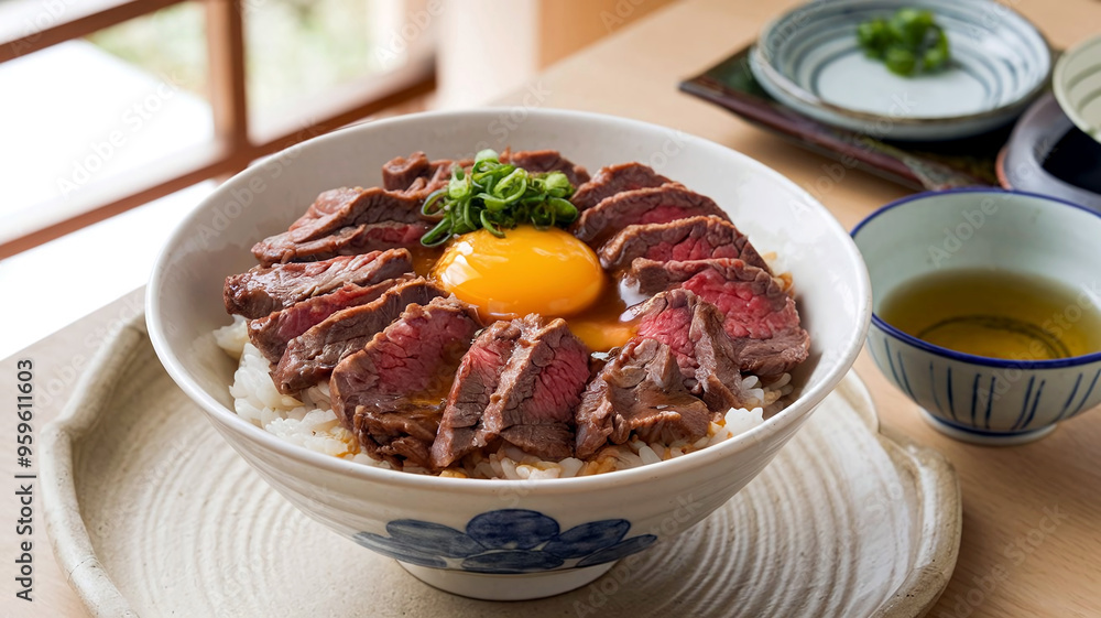A delectable bowl of Gyudon, featuring tender Japanese beef over rice, served in a cozy restaurant setting, capturing the essence of authentic Japanese cuisine. A delectable bowl of Gyudon, featuring tender Japanese beef over rice, served in a cozy restaurant setting, capturing the essence of authentic Japanese cuisine.