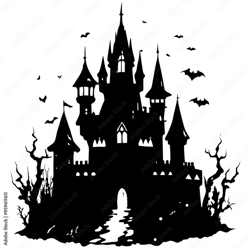 a black silhouette of a spooky castle with multiple towers and pointed roofs. The castle is surrounded by barren, twisted trees, adding to the eerie atmosphere a black silhouette of a spooky castle with multiple towers and pointed roofs. The castle is surrounded by barren, twisted trees, adding to the eerie atmosphere