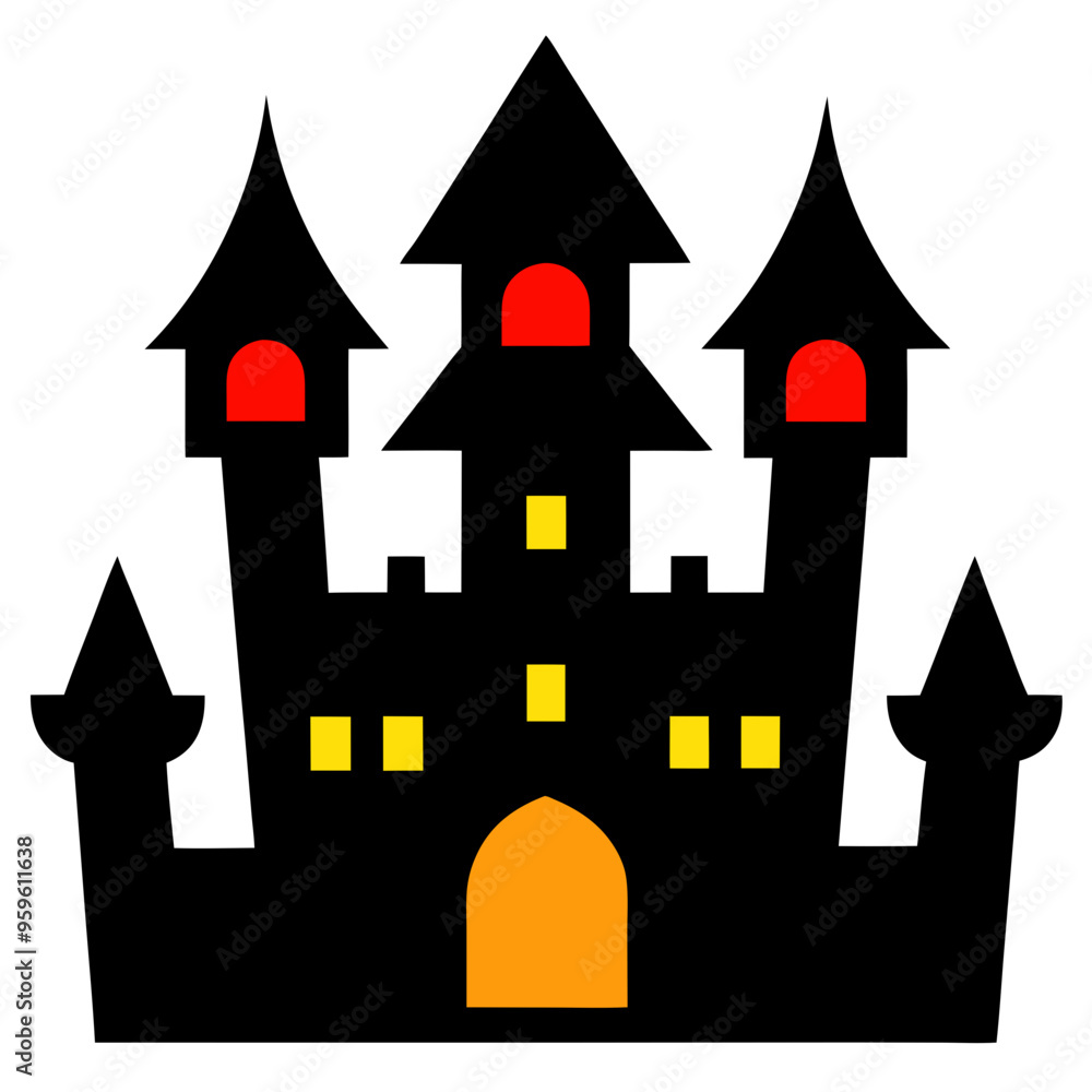 Fototapeta premium a stylized silhouette of a castle with five pointed towers. The castle is primarily black, with three of the towers having red tops, resembling roofs