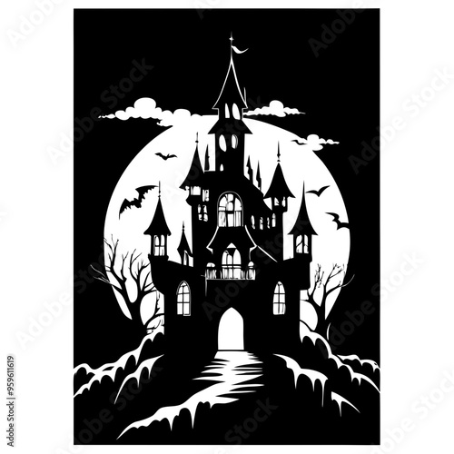 a silhouette of a spooky castle set against a large, full moon. The castle has multiple towers with pointed roofs and is situated on a hill with a winding path leading up to it
