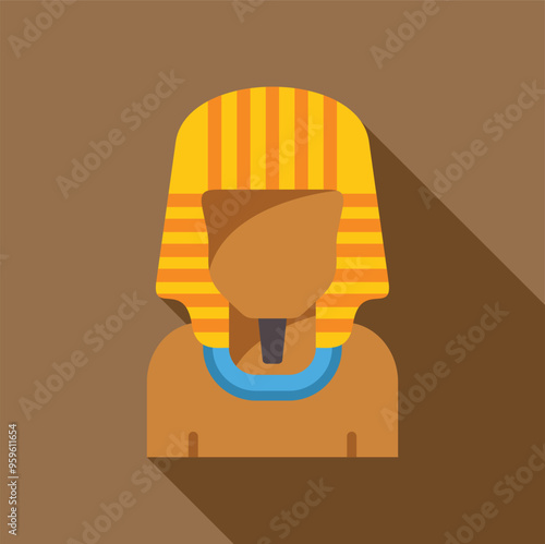 Minimalist vector illustration of an egyptian pharaoh bust wearing a striped nemes headdress and a royal blue and gold usekh collar