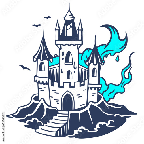 an illustration of a stylized castle. The castle is depicted with three tall towers, each topped with pointed roofs. The central tower is the tallest, and there are small windows on each tower