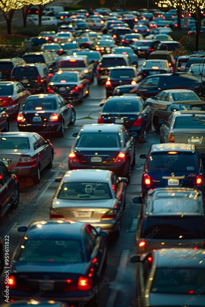 Evening traffic congestion in a parking lot with cars packed tightly Evening traffic congestion in a parking lot with cars packed tightly