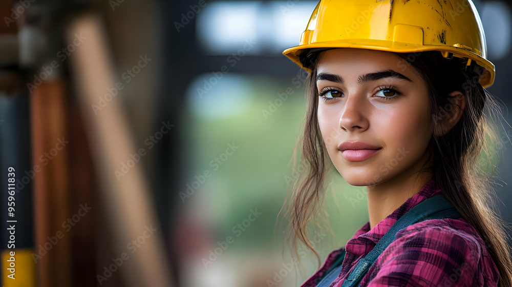 A young woman in a hard hat, showcasing a confident expression. A young woman in a hard hat, showcasing a confident expression.