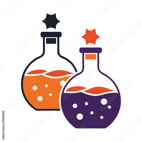 a graphic of two laboratory flasks. The flask on the left is filled with an orange liquid, and the flask on the right is filled with a purple liquid. Both flasks have bubbles inside