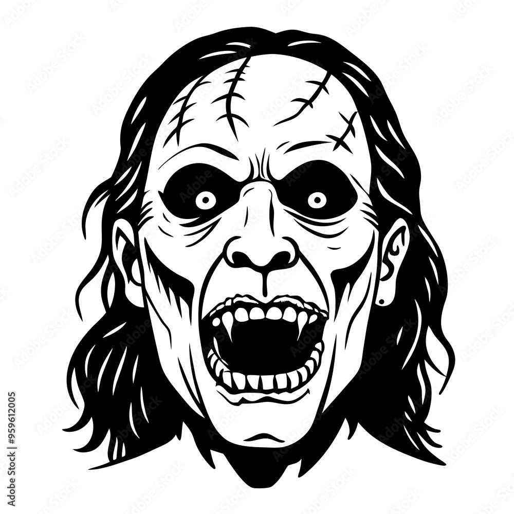 a black and white illustration of a frightening, zombie-like face. The face has long, messy hair and a wide-open mouth with sharp, pointed teeth. The eyes are wide and hollow-looking a black and white illustration of a frightening, zombie-like face. The face has long, messy hair and a wide-open mouth with sharp, pointed teeth. The eyes are wide and hollow-looking