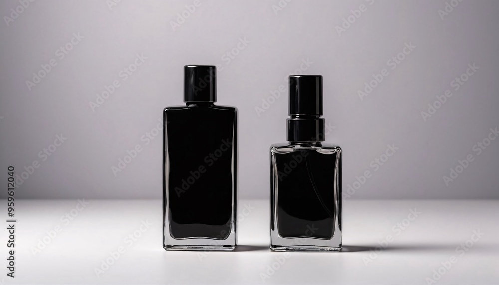 Two black glass perfume bottles on white background. Two black glass perfume bottles on white background.