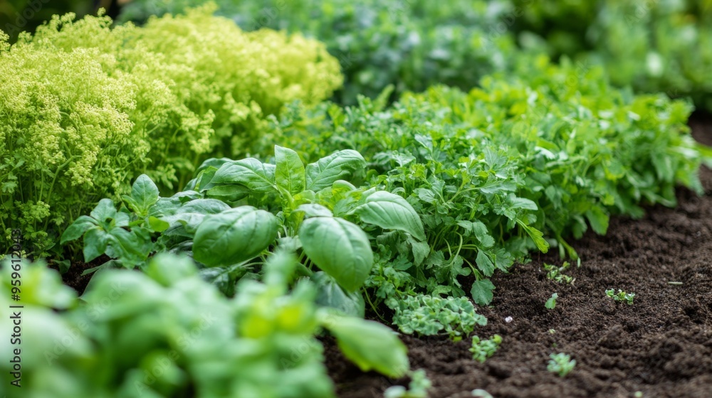 A lush herb and vegetable garden with a variety of greens, including basil, cilantro, and kale, growing in well-tended garden beds with rich soil A lush herb and vegetable garden with a variety of greens, including basil, cilantro, and kale, growing in well-tended garden beds with rich soil