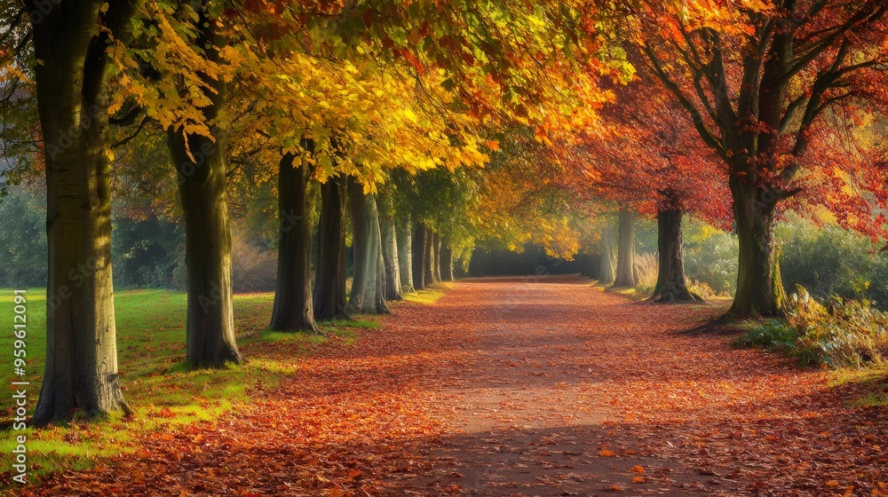 Naklejka premium A picturesque path lined with trees in autumn with golden and red leaves.