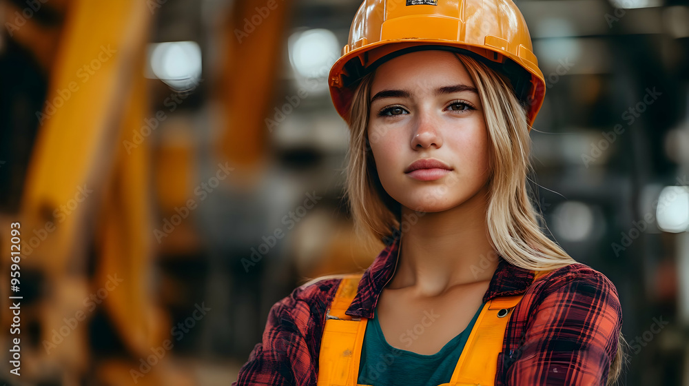 A young woman in a safety helmet and work attire in an industrial setting.