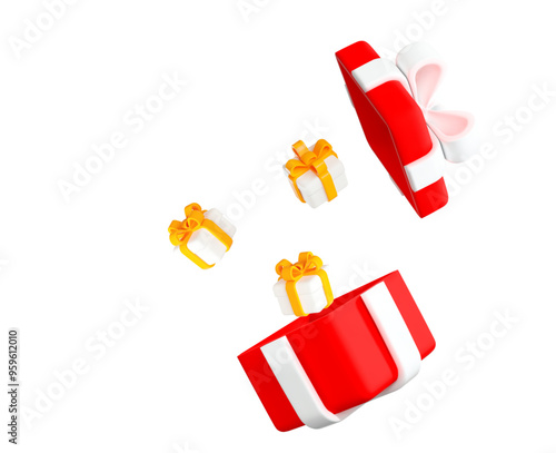 3d white gift boxes flying out of a red box. Stock vector illustration on isolated background.