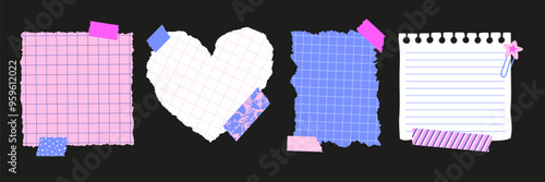 Hand drawn notebook paper with sticker tapes. Shred heart, note sheet, blank backgrounds for messages. Ripped documents. School childish elements. Vector illustration. Craft uneven collage pages.