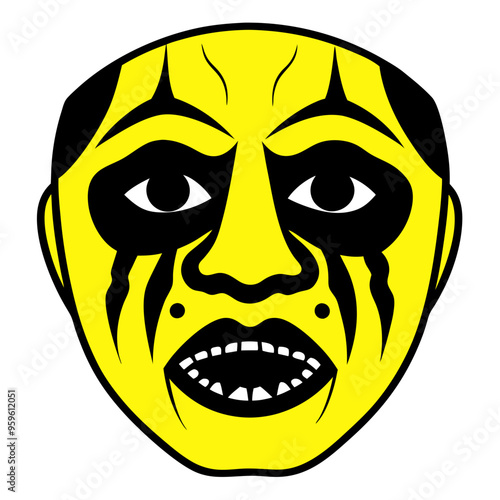 a stylized illustration of a face with a yellow background. The face has exaggerated features and is designed to look dramatic or theatrical