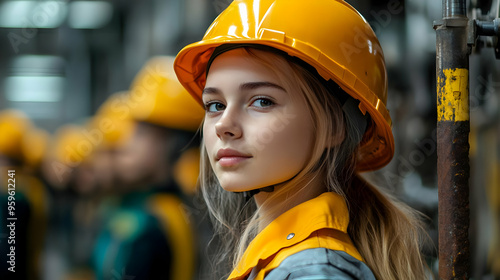 A young woman in a safety h...