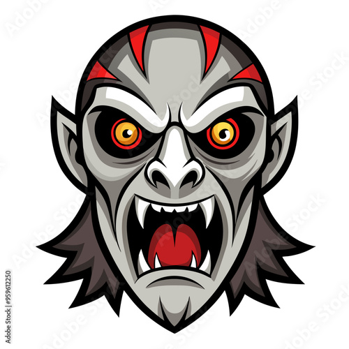 a cartoon-style illustration of a vampire's face. The vampire has a pale gray complexion with sharp, exaggerated features. It has large, pointed ears and a wide-open mouth showing sharp fangs