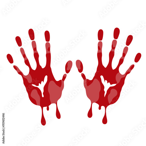 two red handprints side by side on a white background. The handprints are stylized to look as if they are made of dripping paint or blood, with streaks extending downward from the palms and fingers