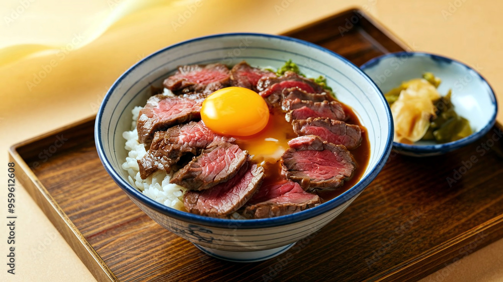 A delectable bowl of Gyudon, featuring tender Japanese beef over rice, served in a cozy restaurant setting, capturing the essence of authentic Japanese cuisine. A delectable bowl of Gyudon, featuring tender Japanese beef over rice, served in a cozy restaurant setting, capturing the essence of authentic Japanese cuisine.