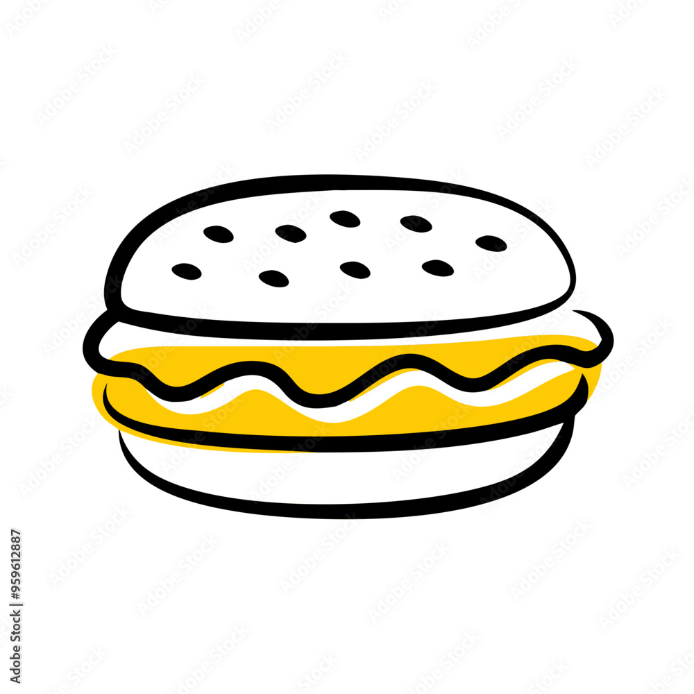 a simple, stylized illustration of a hamburger. It features a white bun with black dots on the top to represent sesame seeds. The filling includes a yellow layer, likely representing cheese or a patty a simple, stylized illustration of a hamburger. It features a white bun with black dots on the top to represent sesame seeds. The filling includes a yellow layer, likely representing cheese or a patty