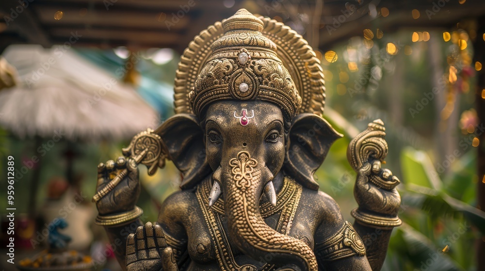 Obraz premium Stunning golden sculpture of lord ganesha, symbol of wisdom, prosperity, and good fortune