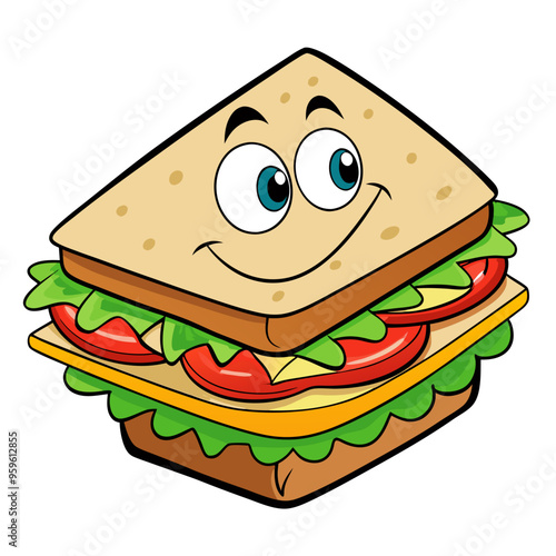 a cartoon illustration of a sandwich with a smiling face. The sandwich is made up of two slices of bread, with the top slice having eyes and a smiling mouth. Inside the sandwich