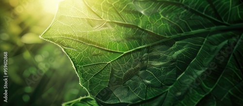 Close up view of a dark green leaf in sunlight with natural dark green plants used as a background concept. Copy space image. Place for adding text and design photo