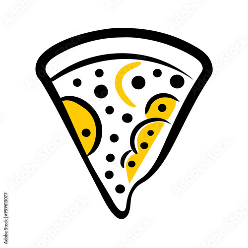 a stylized, minimalist illustration of a slice of pizza. It features a black outline with a white interior. The pizza slice is decorated with black circles representing toppings