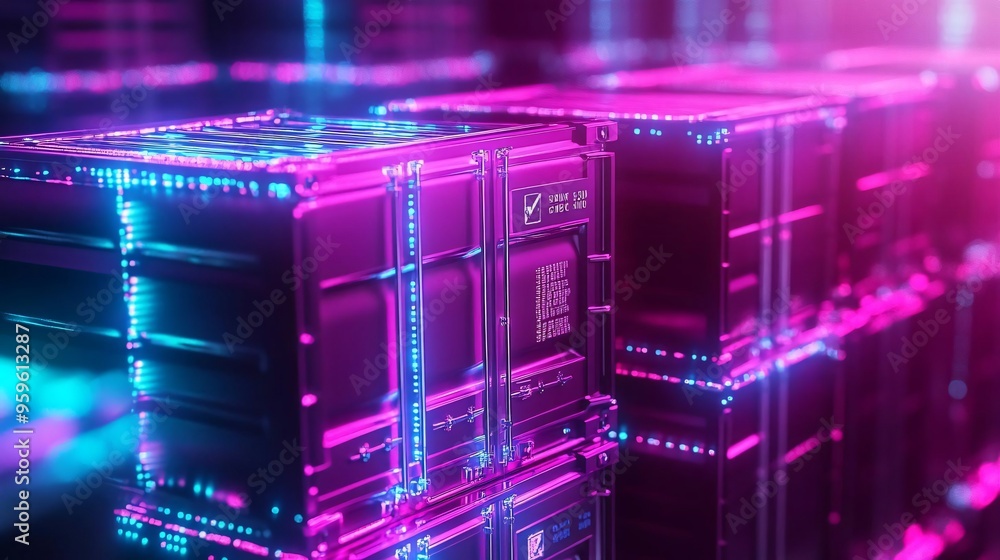 Fototapeta premium Futuristic storage containers illuminated with vibrant neon lights, showcasing technology and innovation in logistics and warehousing.