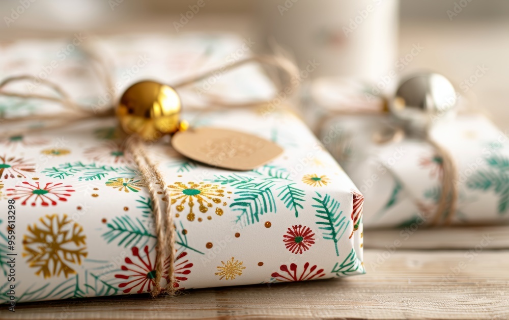 Festively wrapped gifts with colorful designs and twine, perfect for holiday celebrations or seasonal decorations. Festively wrapped gifts with colorful designs and twine, perfect for holiday celebrations or seasonal decorations.