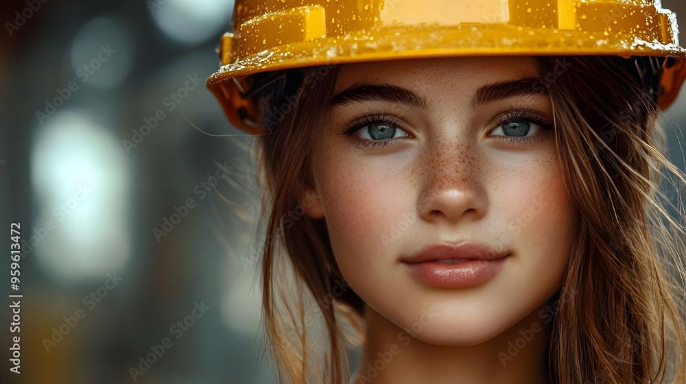 A young woman wearing a construction helmet with a confident expression. A young woman wearing a construction helmet with a confident expression.
