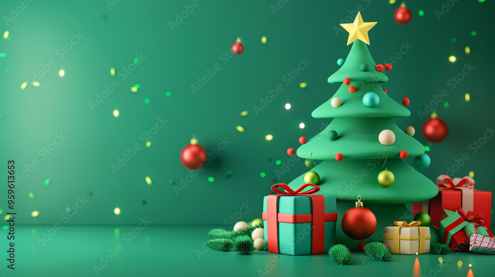 Fototapeta premium Cute Christmas tree theme with green background,
