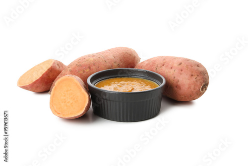 Schilderij op canvas PNG, Sweet potato and mashed potatoes in bowl, isolated on white background