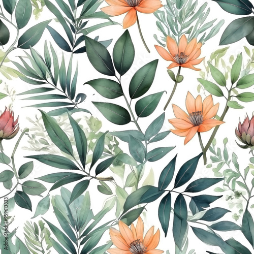 seamless Watercolor Pattern using botanical elements.