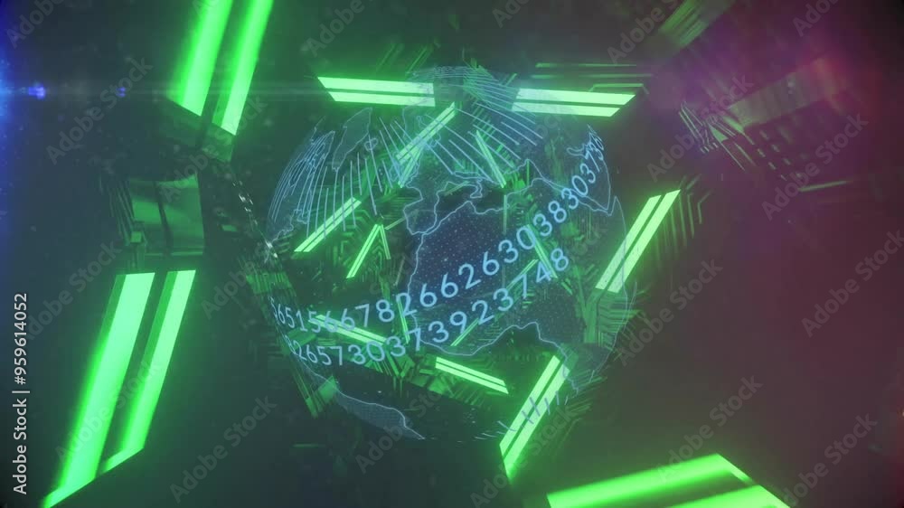 Digital globe with binary code and green neon lights, futuristic data ...