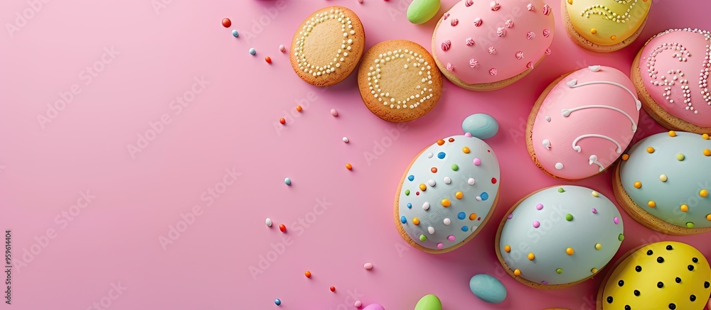 Holiday preparations featuring multi colored Easter eggs alongside cookies on a vibrant background Pastel colored Easter eggs highlight the festive theme with copy space Holiday preparations featuring multi colored Easter eggs alongside cookies on a vibrant background Pastel colored Easter eggs highlight the festive theme with copy space
