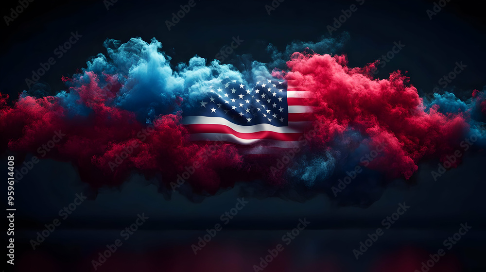 Obraz premium Abstract representation of the American flag amidst colorful clouds.