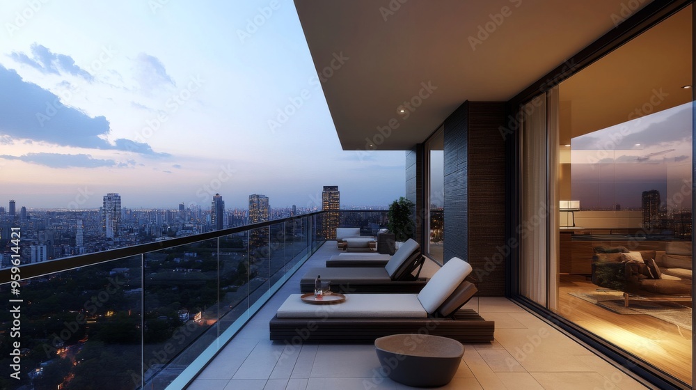 custom made wallpaper toronto digitalA modern balcony with a sleek glass railing, featuring comfortable lounge chairs, a small coffee table, and a view of a city skyline