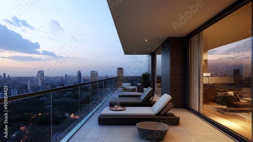 Wallpaper Mural A modern balcony with a sleek glass railing, featuring comfortable lounge chairs, a small coffee table, and a view of a city skyline Torontodigital.ca