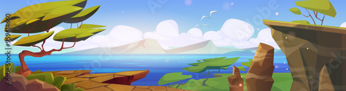 Summer sunny landscape with green trees and grass on cliff shore of lake or river and rocky mountains on horizon. Cartoon vector illustration of panoramic countryside scene with pond and hills.