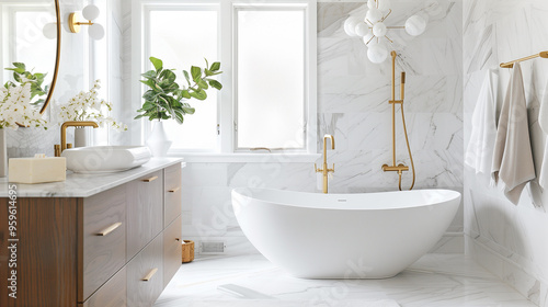 Master bathroom with Carrara marble walls, a freestanding tub, and minimalist brass fixtures for a luxurious yet understated ambiance.