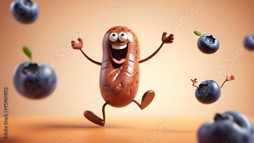 cartoon style illustration sausage character round body small limbs wide smile one sausage juggling. photo