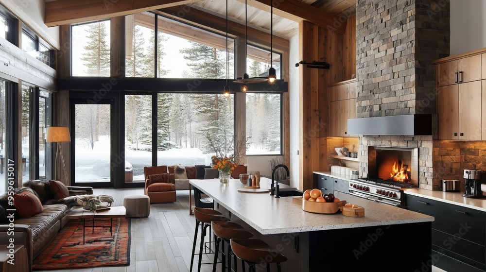 Modern cabin kitchen with a stone fireplace and cozy atmosphere. Modern cabin kitchen with a stone fireplace and cozy atmosphere.