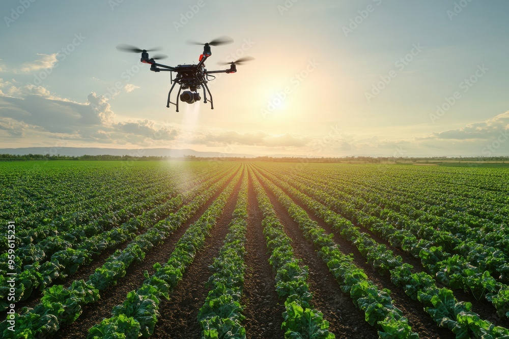 Drone spraying water and nutrients over a large vegetable farm, demonstrating modern agricultural practices with copy space Drone spraying water and nutrients over a large vegetable farm, demonstrating modern agricultural practices with copy space
