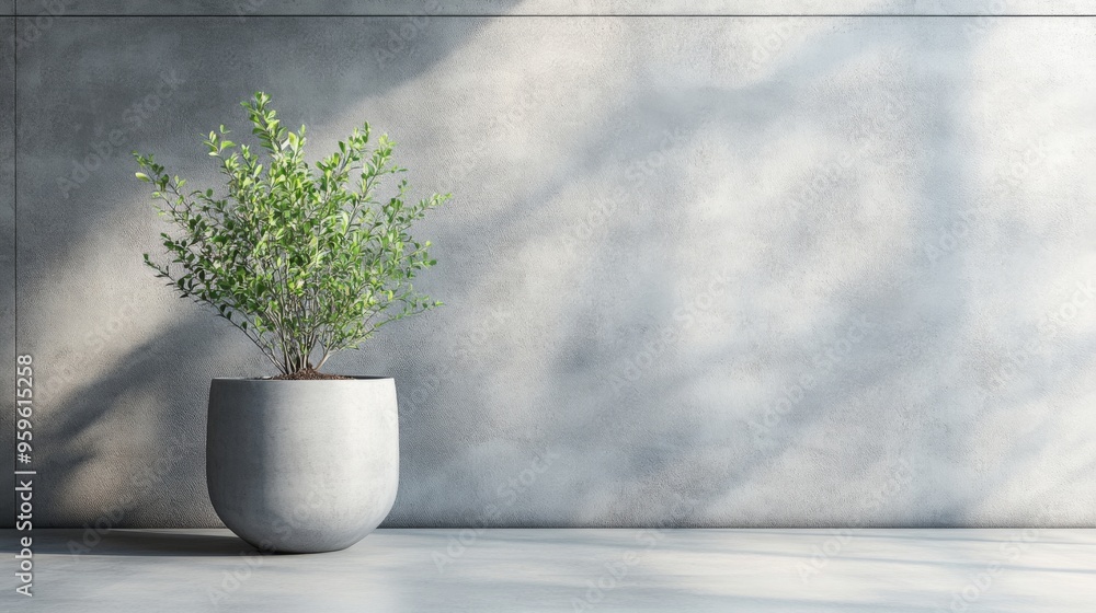 A modern concrete urn with a minimalist design, holding a small indoor plant and set against a sleek, contemporary wall. A modern concrete urn with a minimalist design, holding a small indoor plant and set against a sleek, contemporary wall.