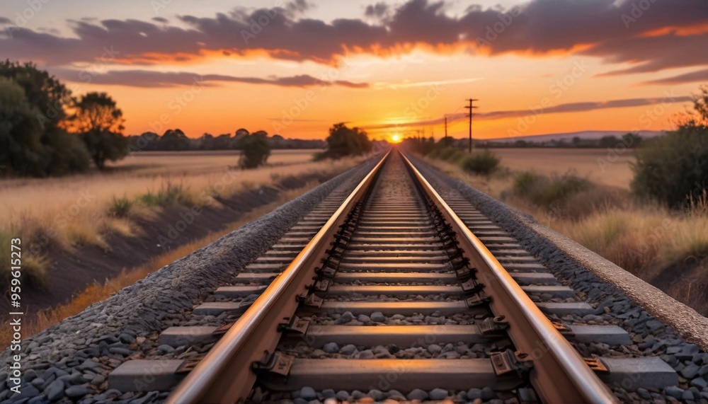 Railroad tracks leading to the horizon with a sunset in the background. Railroad tracks leading to the horizon with a sunset in the background.