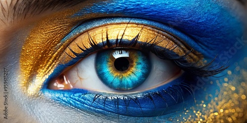 Close-up of a blue-gold iris with eyeshadow