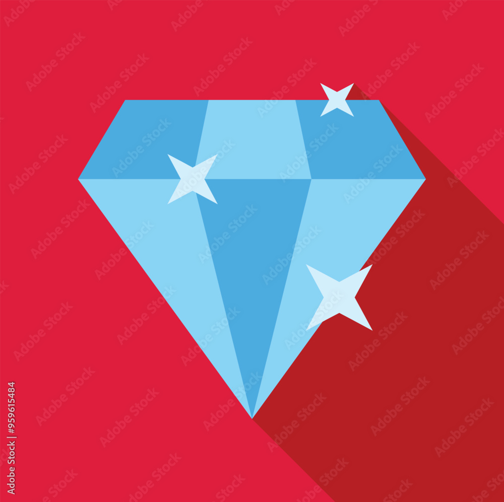 Big blue shining diamond with glowing stars on a red background, in flat design with a long shadow Big blue shining diamond with glowing stars on a red background, in flat design with a long shadow