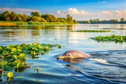 Fototapeta A photo image of an Irrawaddy river dolphin swimming in a serene and calm riverbank environment with lush greenery and water lilies.